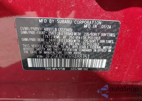 2024 Subaru Forester Premium z USA, uszkodzony, nr VIN JF2SKACC7RH488751